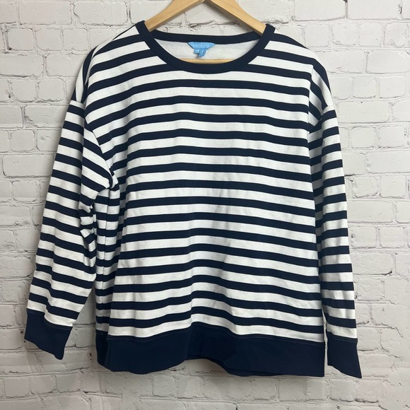 Draper James Kelsea Sweatshirt in Awning Stripe Horizonal Navy White 1X - Picture 1 of 6